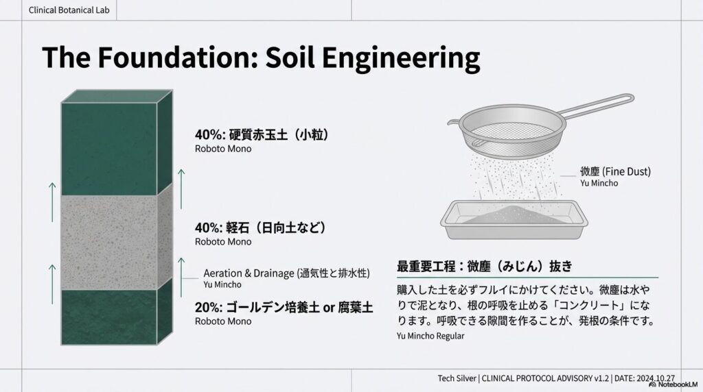 通気性と排水性を高めるためのアガベ用土の配合比率と微塵抜き工程