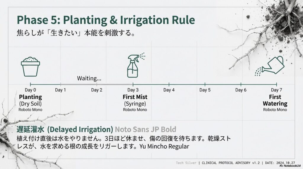 アガベ抜き苗を植え付けた直後から最初の水やりまでの遅延灌水スケジュール