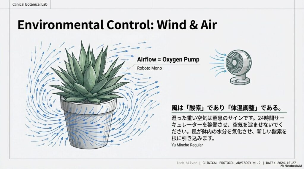 サーキュレーターの風によるアガベ鉢内の気化熱と酸素供給メカニズム