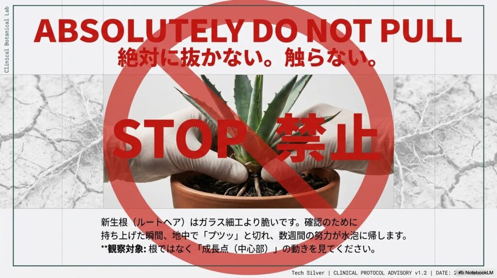アガベの未発根株を上に引っ張って確認する絶対NGな引き抜き行為の警告