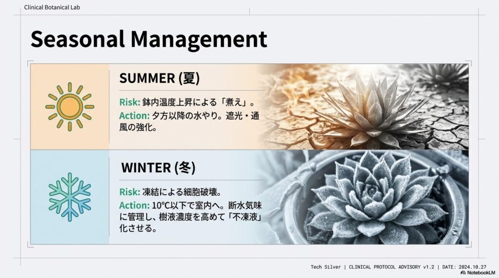 アガベの夏場の高温障害（煮え）対策と冬場の細胞破壊を防ぐ温度管理