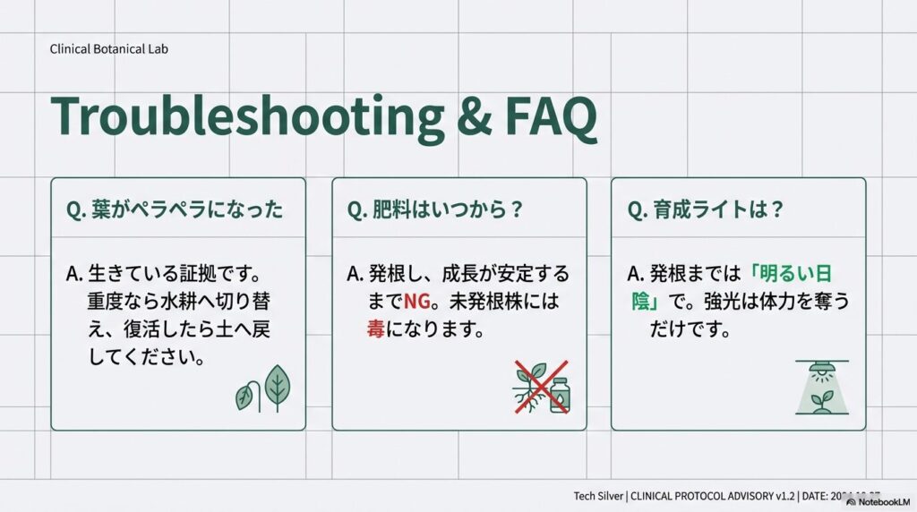 アガベ抜き苗の発根管理におけるしわしわの葉の回復や肥料・育成ライトに関するFAQ