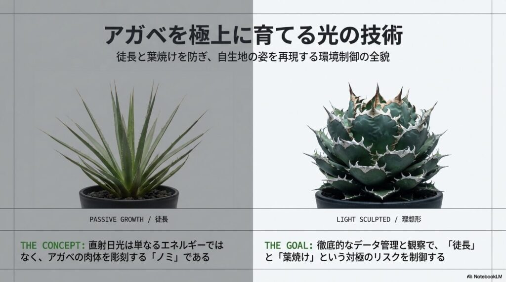 直射日光を浴びて引き締まったアガベのロゼットと鋭い鋸歯