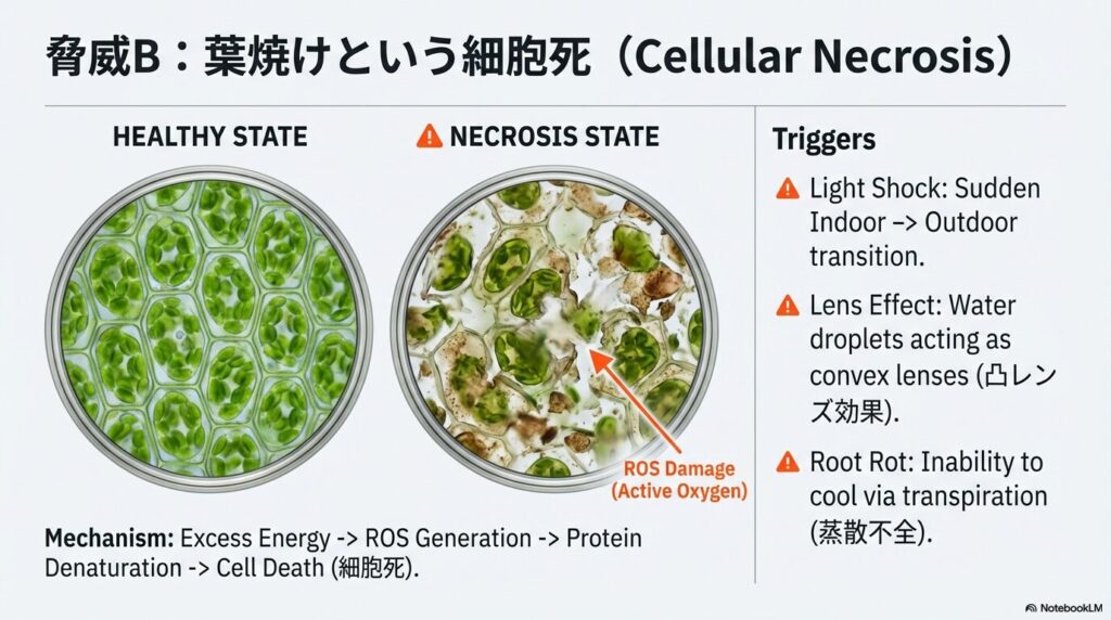 アガベの葉焼けや壊死（Necrosis）、葉のシワなどの乾燥状態を虫眼鏡で観察する初期評価