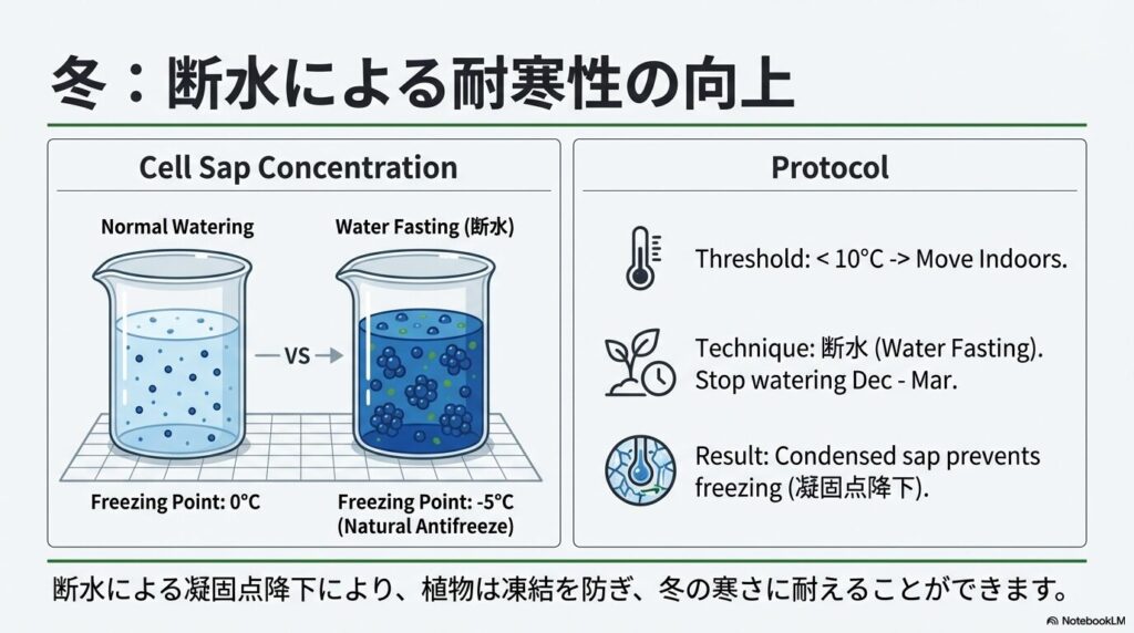 サーキュレーターを用いてアガベに風を当て、直射日光下の葉面温度を下げて酸素を供給する仕組み