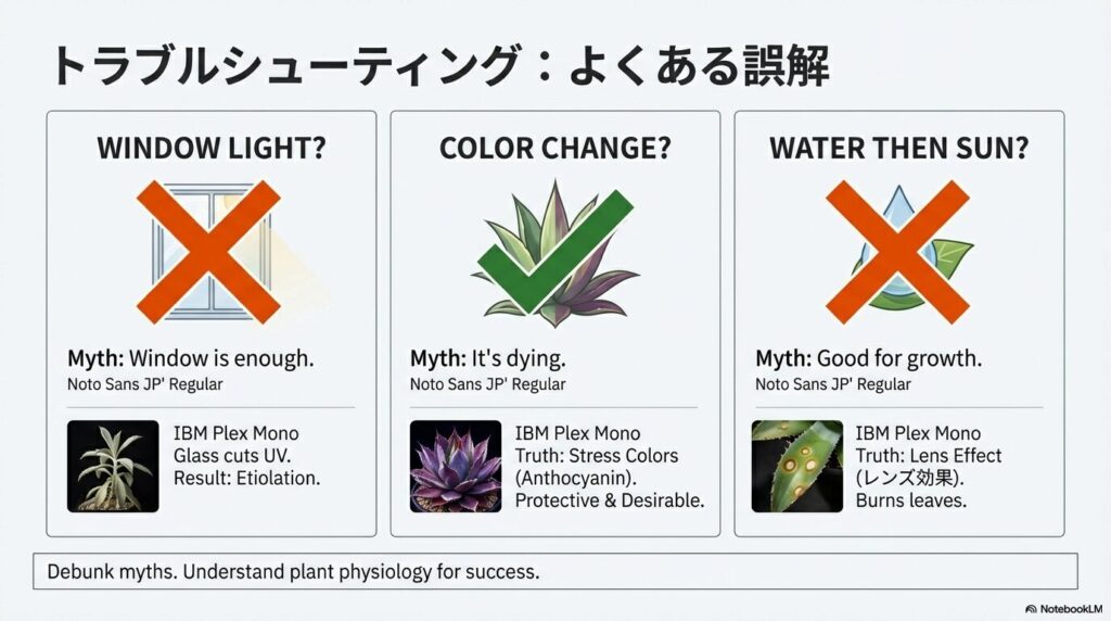 アガベの育成ライトの当て方、肥料のタイミング、葉がペラペラになった際のトラブルシューティングQ&A
