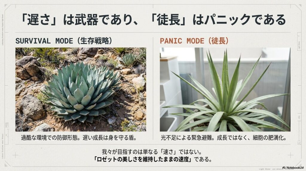 過酷な環境で育つ美しいアガベパリートランカータと光不足で徒長した株の比較画像