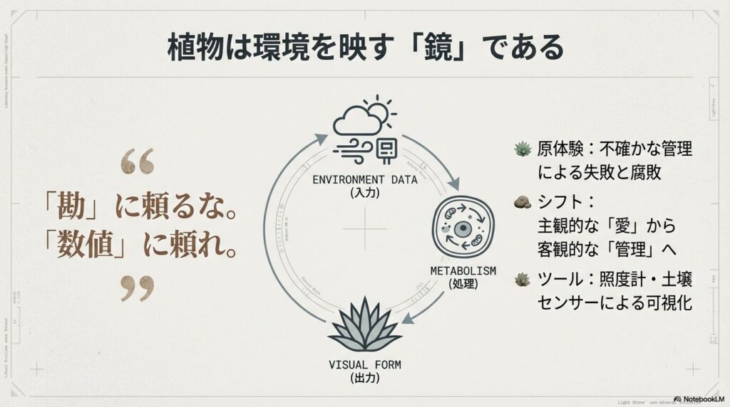 アガベ育成において照度計や土壌センサーを用いた環境データの可視化と代謝サイクルの図解