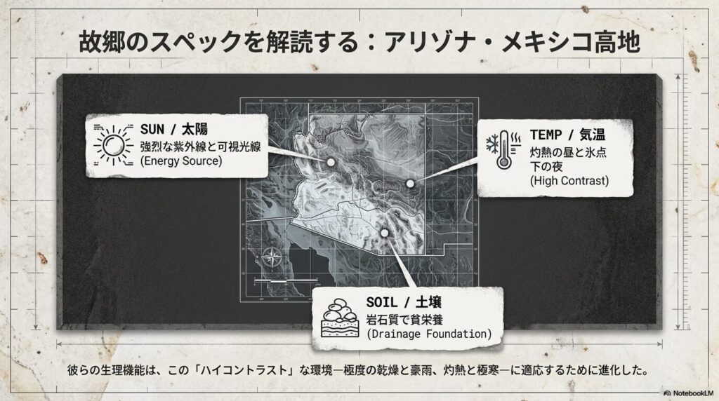 アガベパリートランカータの原産地であるアリゾナやメキシコ高地の気候条件(太陽、気温、土壌)の解説図