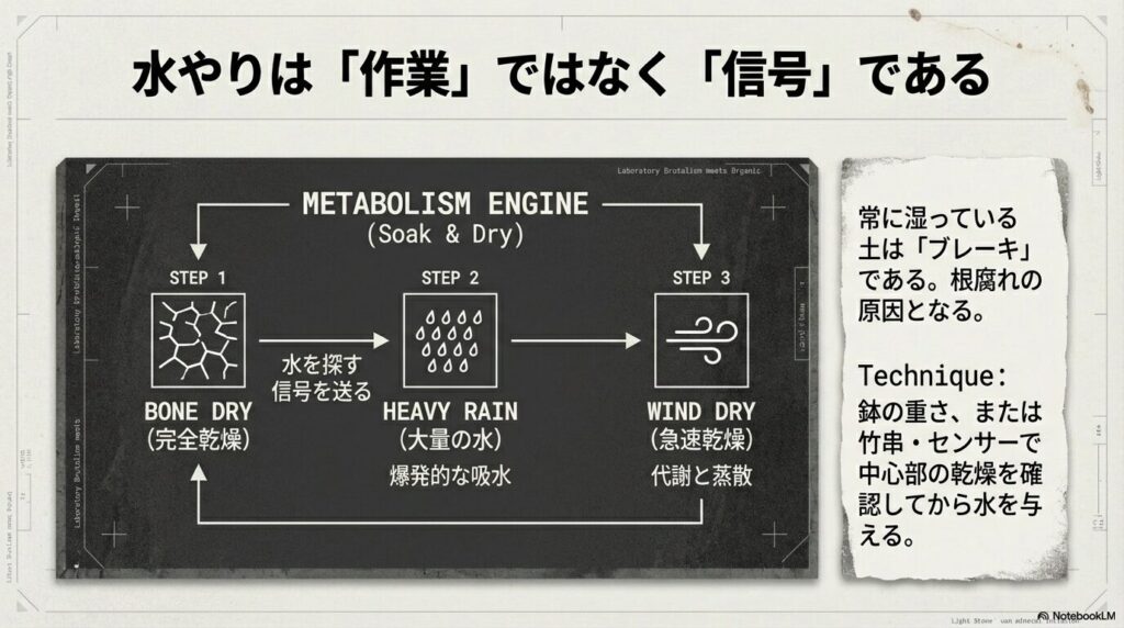 アガベの成長を促す「完全乾燥」から「大量の水」、そして「急速乾燥」に至る水やりサイクルの図解