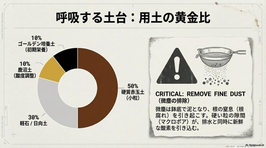根腐れを防ぐためのアガベ専用用土の黄金比率と、微塵をふるいで取り除く重要性の解説図