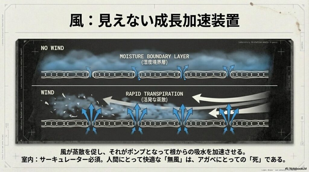 無風状態の湿度境界層と、風による活発な蒸散作用の違いを示す植物細胞の断面図解