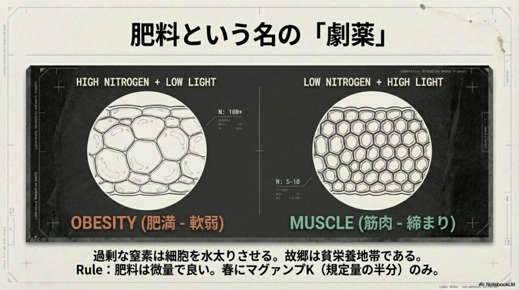 窒素過多で肥満化した軟弱な細胞と、光量が多く低窒素で筋肉質に締まった植物細胞の比較イラスト