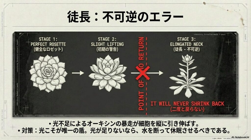 アガベが美しいロゼットから徒長して茎が間延びしていく不可逆的な進行プロセスの図解