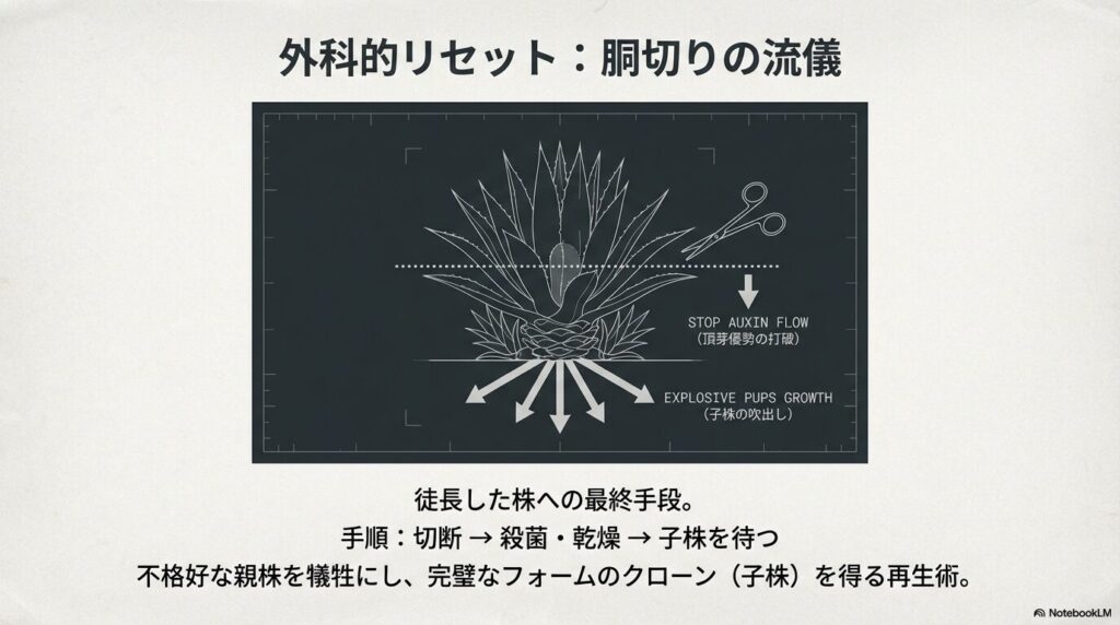 アガベの胴切り(水平切断)による頂芽優勢の打破と、子株が爆発的に吹き出すメカニズムの解説図
