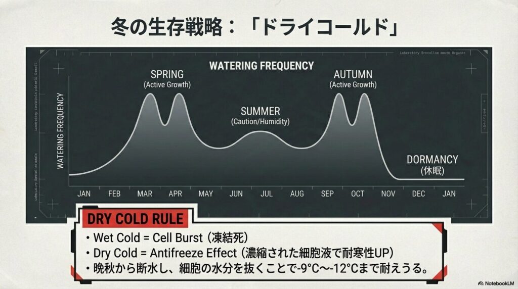 アガベの年間を通じた水やりの頻度と、冬の凍結死を防ぐドライコールドのルールのグラフ
