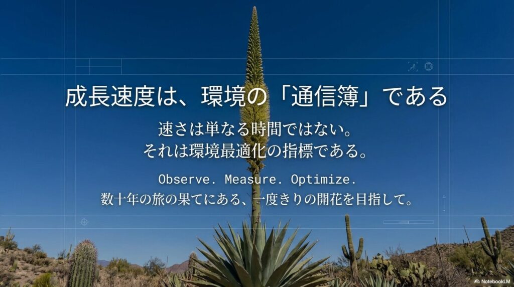 アガベの成長速度は育成環境の通信簿であるというメッセージを伝えるスライド画像