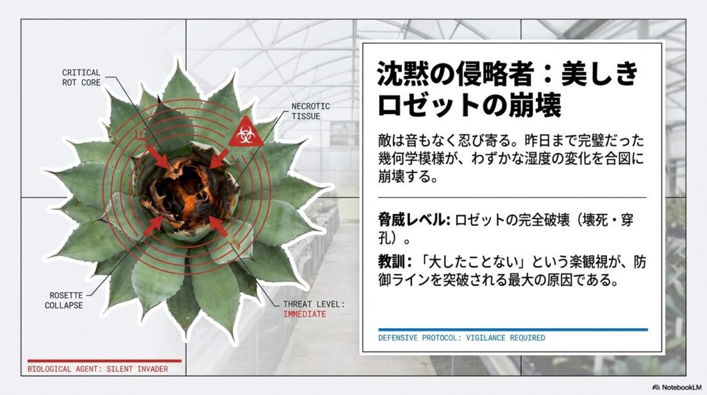 アガベの中心部が炭疽病により壊死し美しいロゼットが崩壊する末期症状の画像