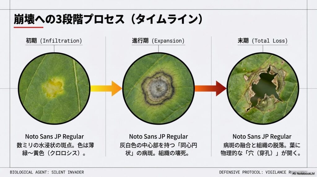 アガベ炭疽病の初期の水浸状斑点から進行期の同心円状病斑、末期の組織の脱落までの3段階の症状変化