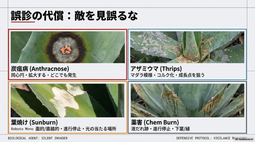 アガベの炭疽病とアザミウマ被害、葉焼け、薬害のそれぞれの症状の違いを比較する画像