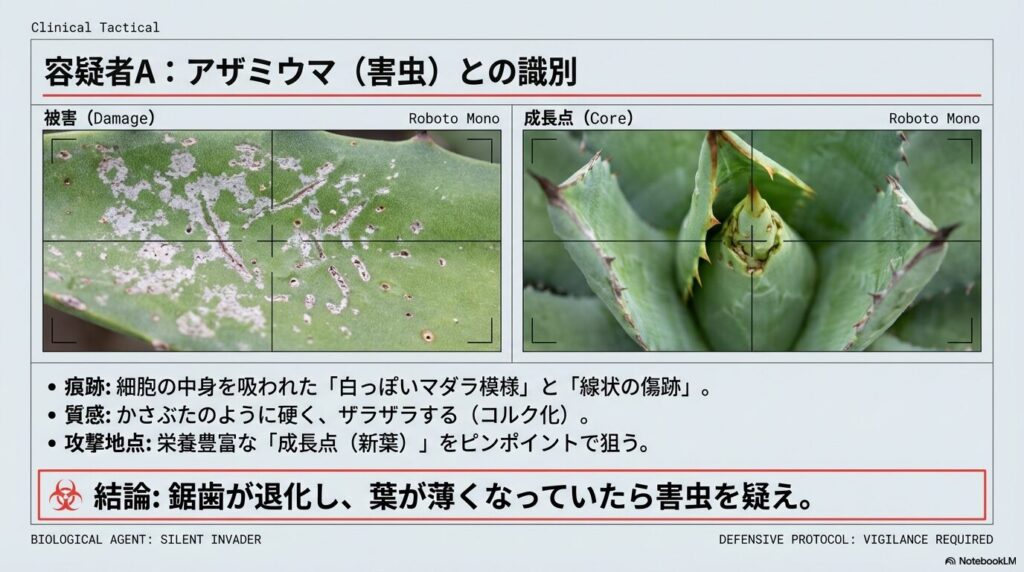 アザミウマに吸汁されて白っぽいマダラ模様や線状の傷跡が残りコルク化したアガベの被害写真