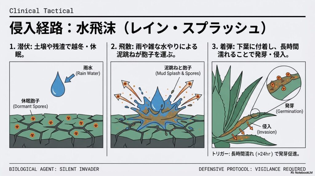 アガベの炭疽病菌が雨や水やりの泥跳ねによって下葉に飛散し長時間濡れることで発芽する感染プロセス