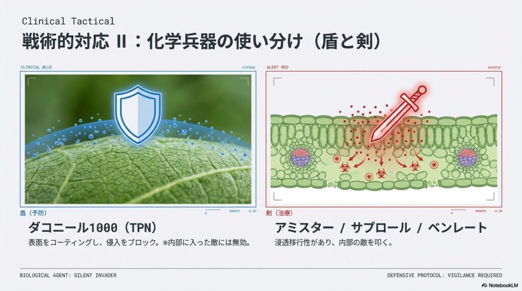 アガベ炭疽病予防の盾となるダコニールと内部の菌を治療する剣となるアミスターなどの浸透移行性殺菌剤の使い分け
