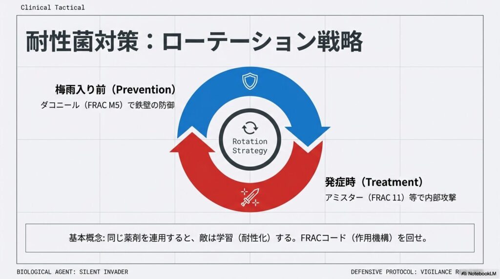 炭疽病の耐性菌発生を防ぐために作用機構の異なるダコニールやアミスターを順番に使用する殺菌剤のローテーション戦略