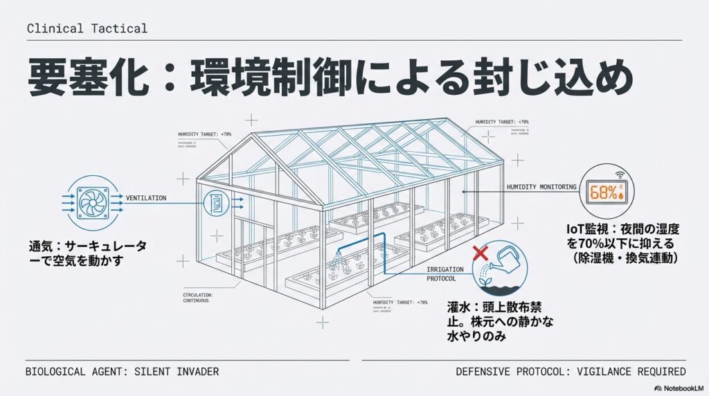 アガベの温室栽培においてIoTセンサーで湿度を抑えサーキュレーターで通気を確保する炭疽病の環境制御図