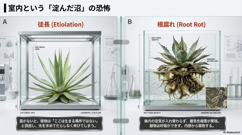 サーキュレーターの風不足によるアガベの徒長と根腐れの発生メカニズム