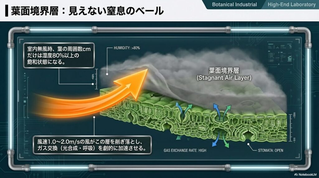風速1.0〜2.0m/sの気流によるアガベの葉面境界層の除去とガス交換の加速