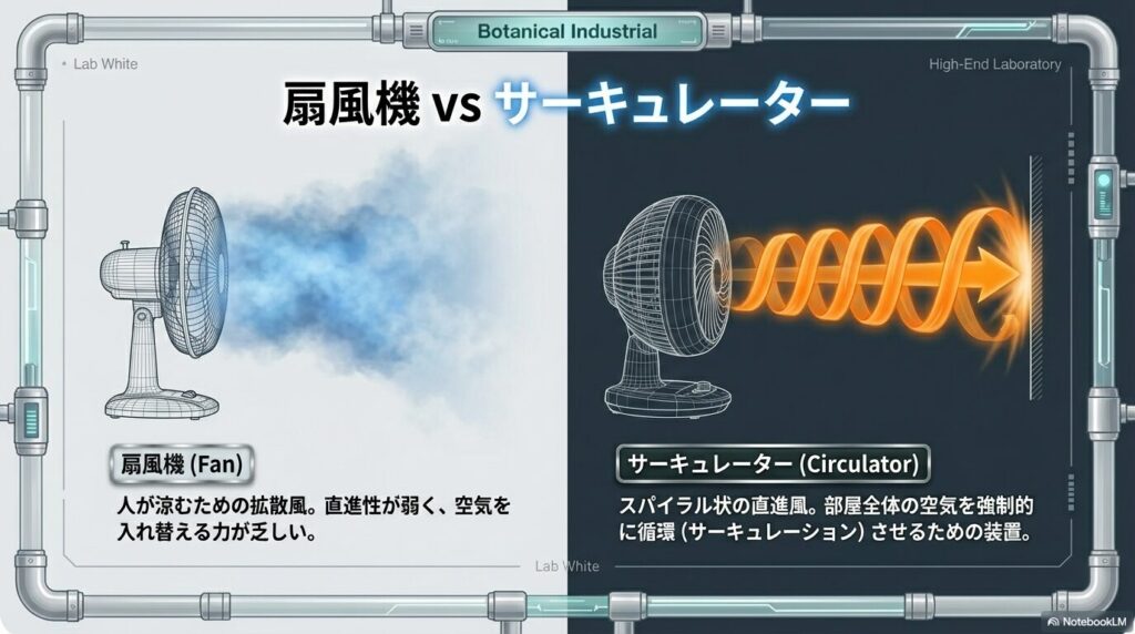 扇風機の拡散風とサーキュレーターのスパイラル状の直進風の比較図