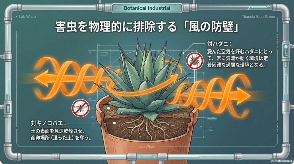 サーキュレーターの気流によるハダニやキノコバエの物理的排除と防壁効果