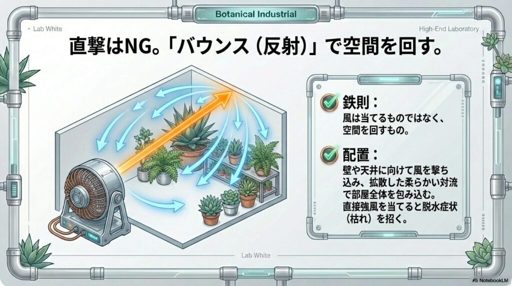 脱水症状を防ぐためのアガベに対するサーキュレーターのバウンス（反射）配置