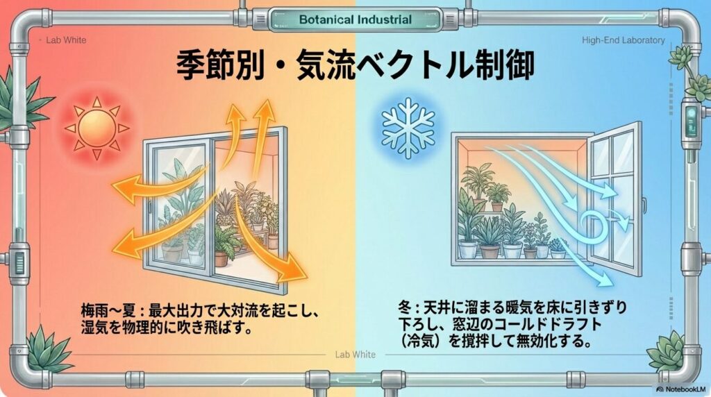 アガベ育成における梅雨の湿気対策と冬のコールドドラフト対策の気流ベクトル制御