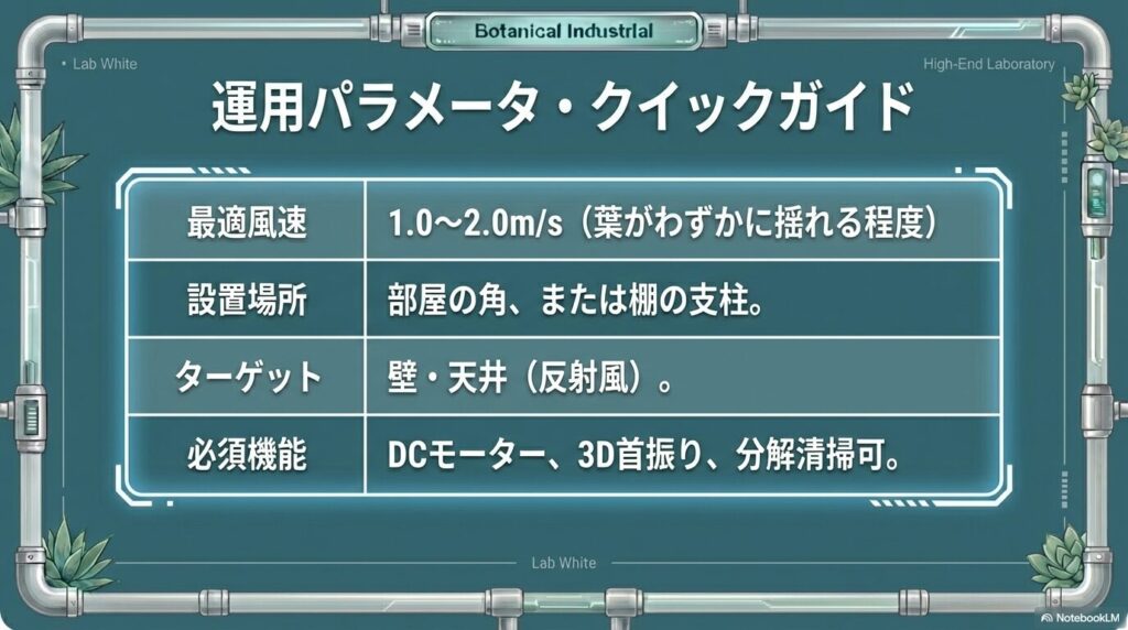 アガベ育成におけるサーキュレーターの最適風速・設置場所などの運用パラメータ・クイックガイド