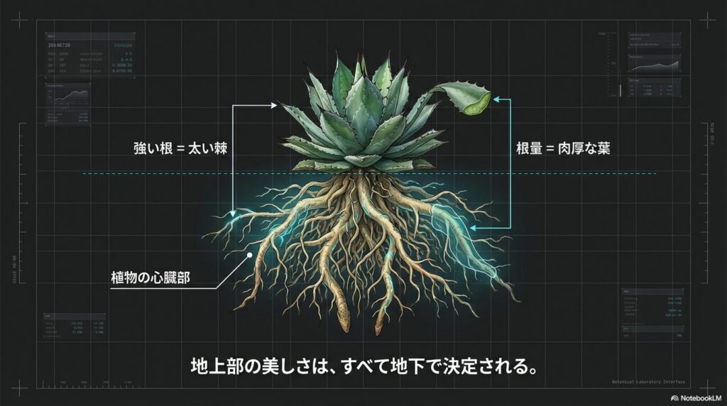 太い棘と肉厚な葉を支えるアガベの根っこの構造図
