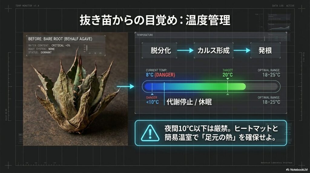 アガベの抜き苗の発根管理における推奨温度と夜間10度以下の危険性