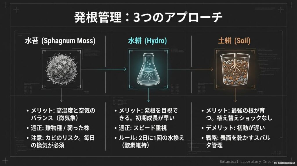 水苔、水耕栽培、土耕栽培のアガベ発根管理における3つのアプローチ