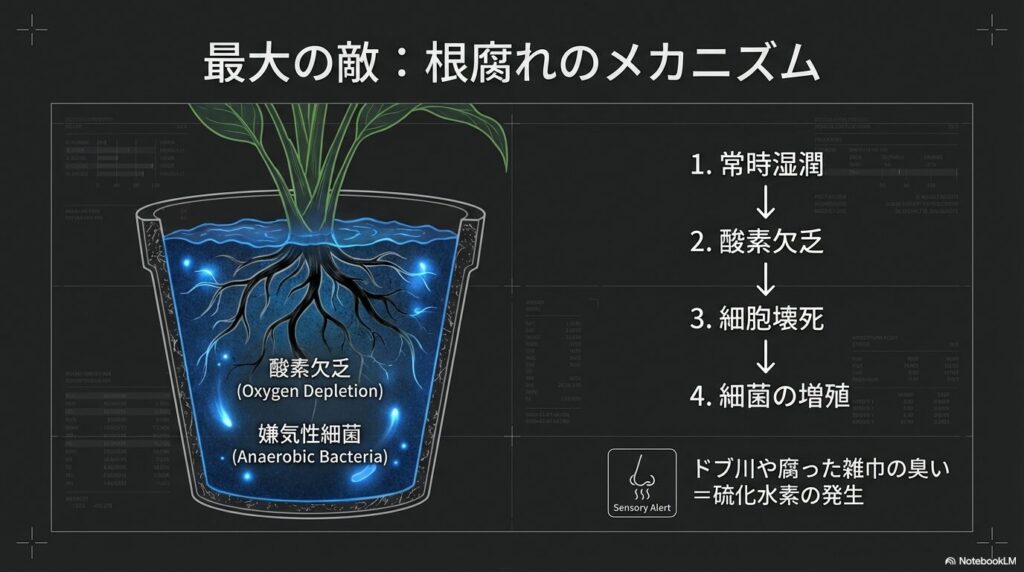 用土内の酸素欠乏と嫌気性細菌によるアガベの根腐れ発生プロセス