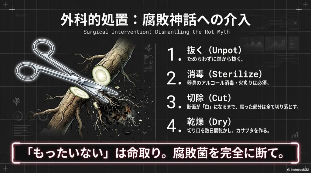 消毒済みのハサミでアガベの腐った根を完全に切除する外科的処置