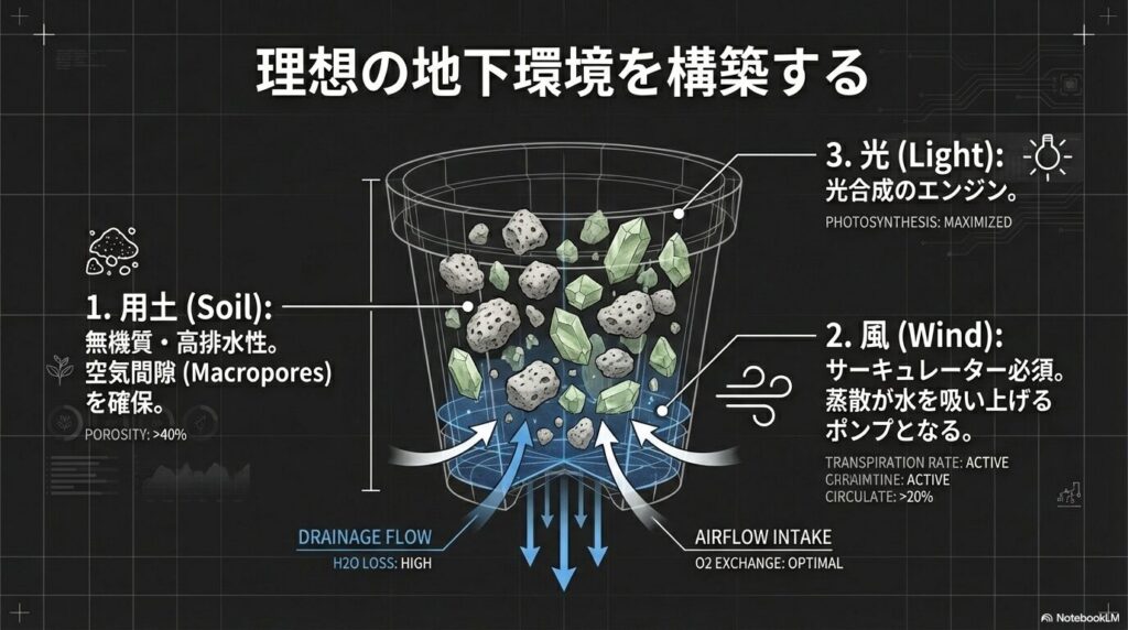 アガベの健全な根を育てる無機質用土とサーキュレーターによる風の管理