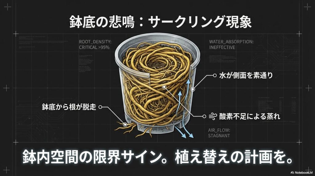 アガベの鉢底で根が限界まで回るサークリング現象の弊害