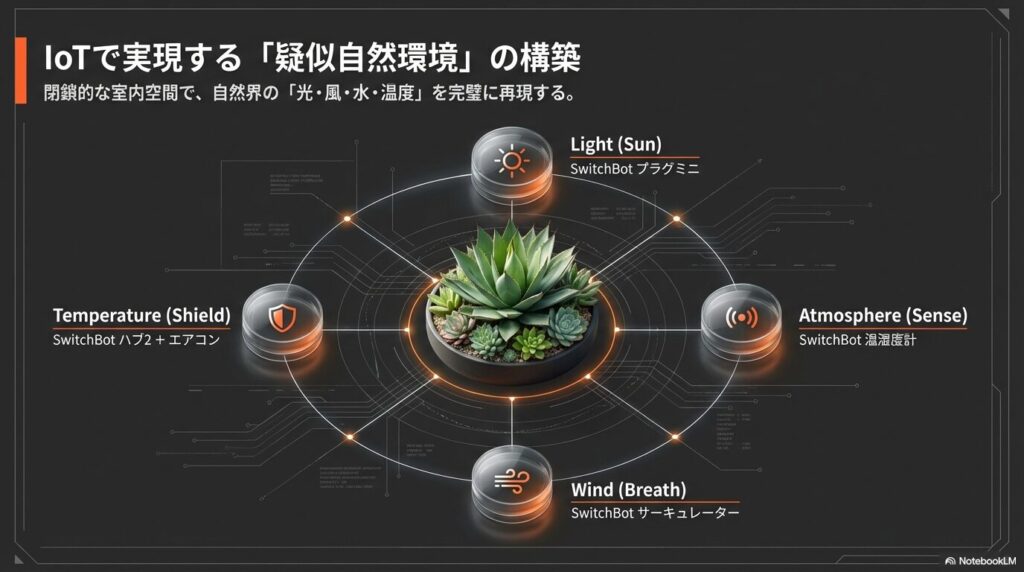 SwitchBot製品を活用して構築する観葉植物の疑似自然環境図