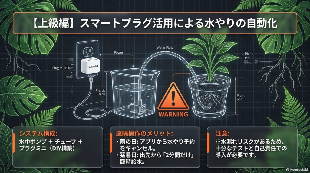水中ポンプとプラグミニを組み合わせた観葉植物の自動給水システム