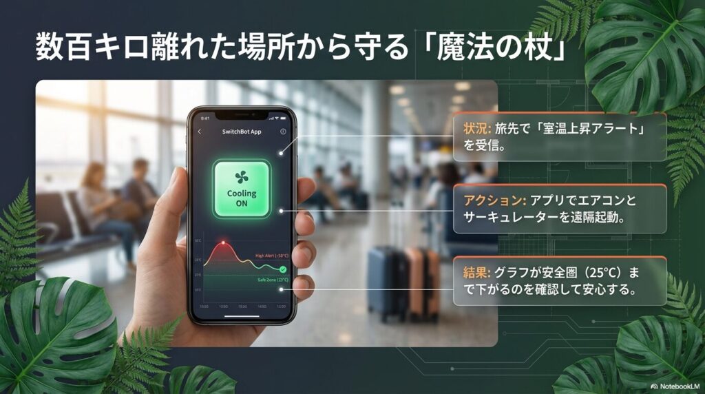 旅行先からSwitchBotアプリで室温を確認しエアコンを遠隔起動する様子