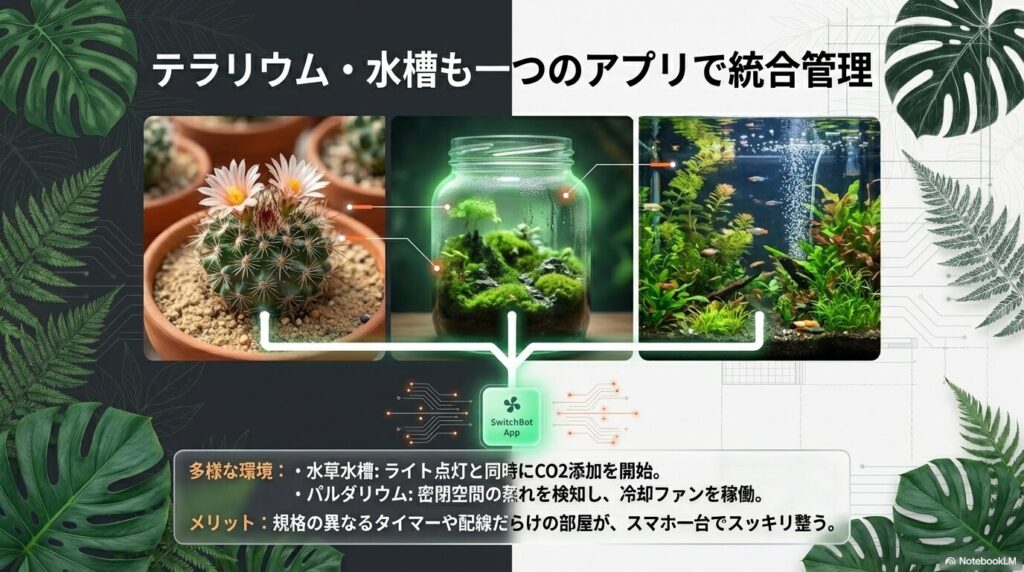 観葉植物、テラリウム、水槽をSwitchBotアプリで統合管理するイメージ