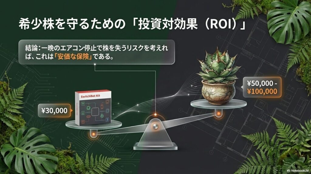 SwitchBotキットの導入費用と希少な植物の価値を比較する天秤