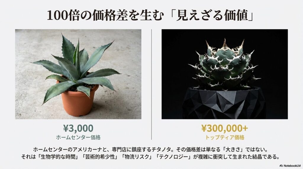数千円のホームセンターのアガベと数十万円の高級アガベ・チタノタの価格差