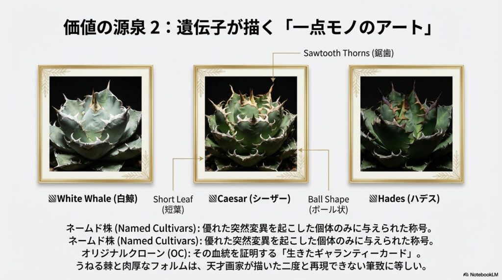 アガベ・チタノタの白鯨、シーザー、ハデスなど特定品種（ネームド株）が持つ特徴的な鋸歯とフォルム